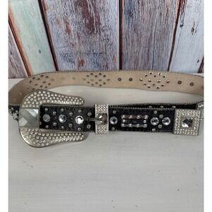 BHW Western Black Leather‎ Crystal Studded Belt Silver Buckle VTG Womens M 402